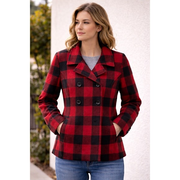 GAP Jackets & Blazers - Gap Women's Buffalo Plaid Wool Coat Red Black Double Breasted Jacket XL